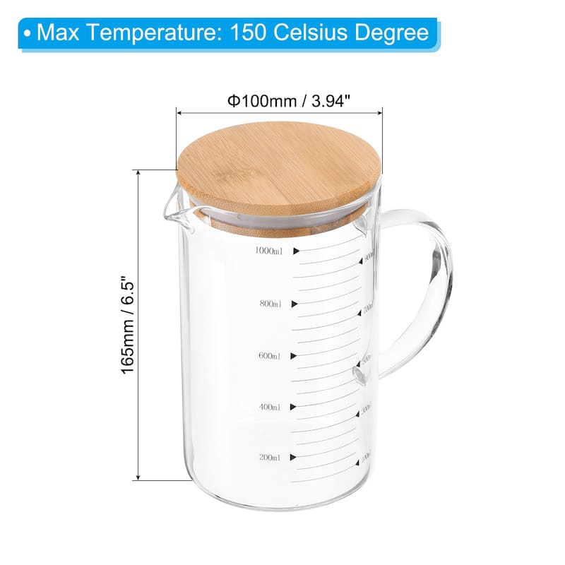 Glass Measuring Cup, 3.3 Borosilicate Glass with Wood Lid for kitchen - Black - 1000ml