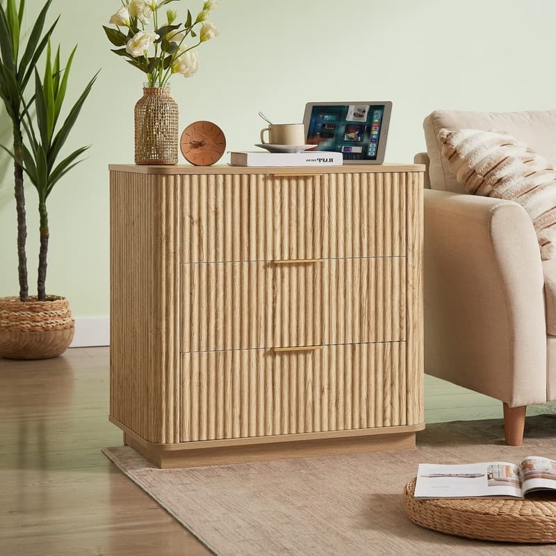 Modern Fluted 3-Drawer Dresser Nightstand with Easy Clean Waterproof Surface (Set of 2)