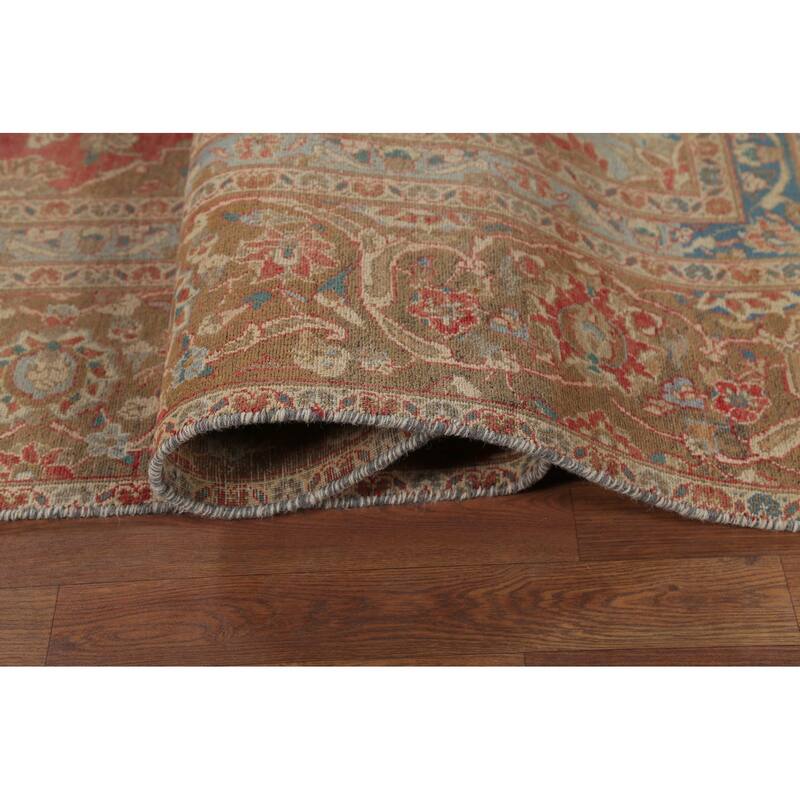 Distressed Mashad Persian Vintage Rug Hand-Knotted Floral Wool Carpet - 8'10"x 13'10"