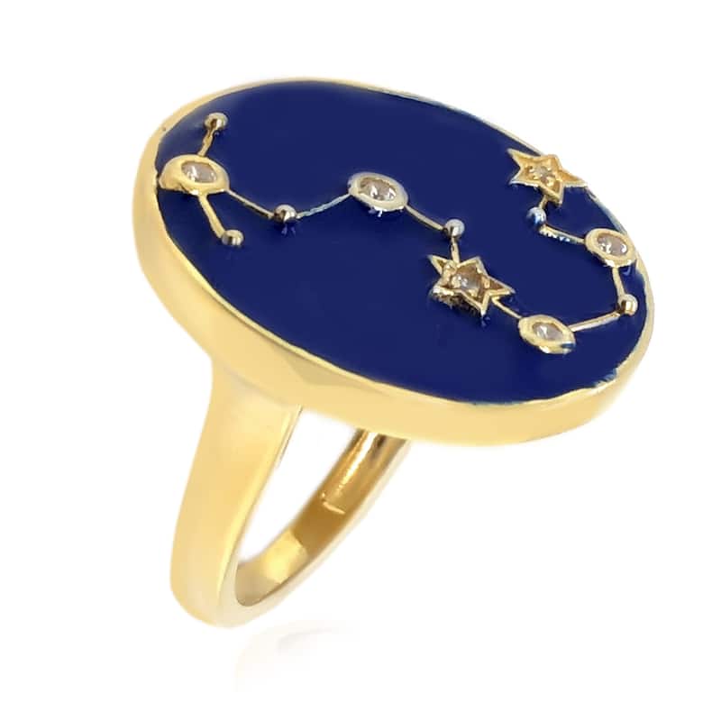 Sterling Silver Over Gold Plated White Zircon With Blue Enamel Scorpio Zodiac Signs Ring