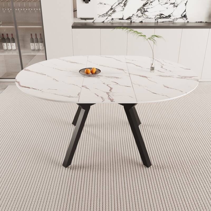 47-63 " extendable white circular dining table, 4-6 person kitchen dining table, modern coffee table with MDF tabletop a