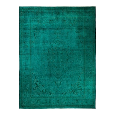 Overton Hand Knotted Wool Vintage Inspired Modern Contemporary Overdyed Green Area Rug - 10' 2" x 13' 4"