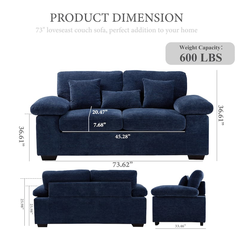 Plush Chenille Loveseat 73" - Includes Bonus 3 Pillows & Removable Back Cushion - Living Room 2-Seater Sofa