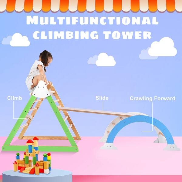 slide 2 of 8, Versatile Wooden Climbing Triangle with Ramp and Arch Rocker - 39.3"L x 31.3"W x 31.9"H