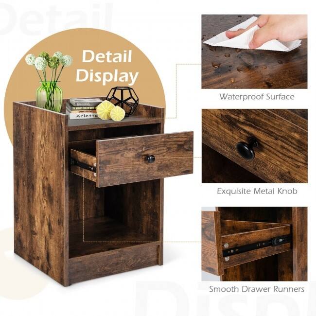 Set of 2 Nightstand with Drawer Cabinet End Side Table Raised Top