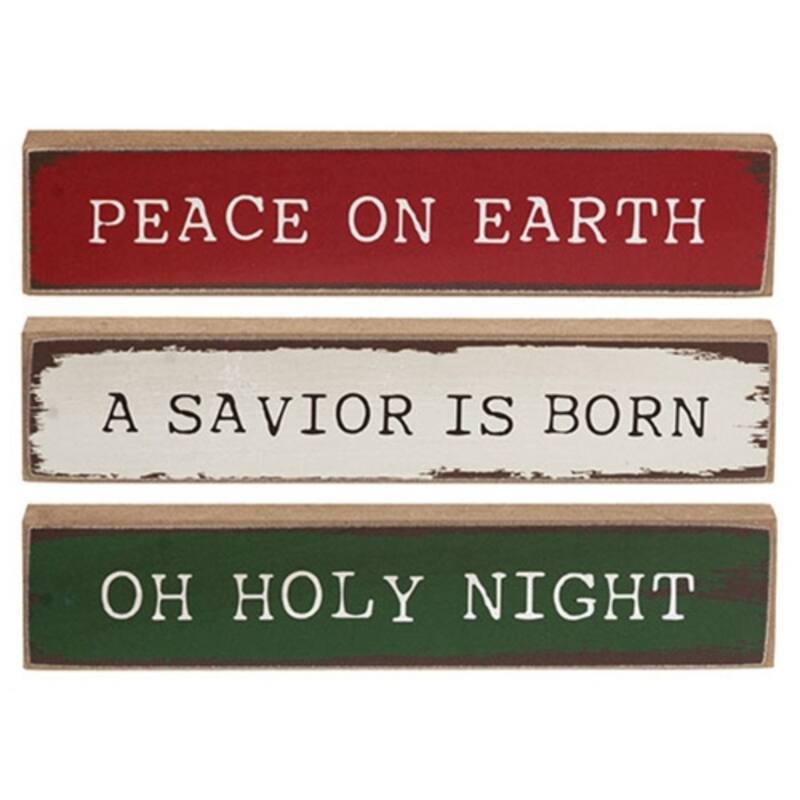 Farmhouse Christmas Mini Stick Peace on Earth Design - 3 Asstd. - 6” x 0.50” x 1” - White-Red-Green