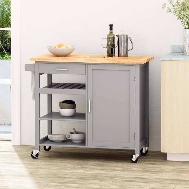 Contemporary Kitchen Cart with Rubberwood Top, Multi-Function Storage Drawer, Open Shelves, Rolling Casters with Locks - Grey