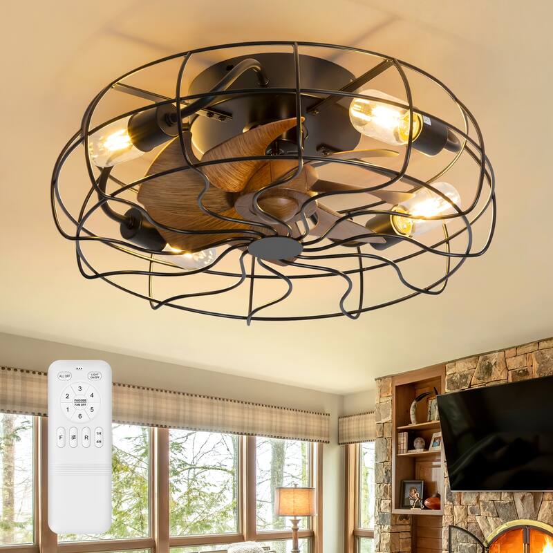 19"/23.6" Farmhouse Industrial Enclosed Caged Ceiling Fan with Light & Remote - 19-INCH