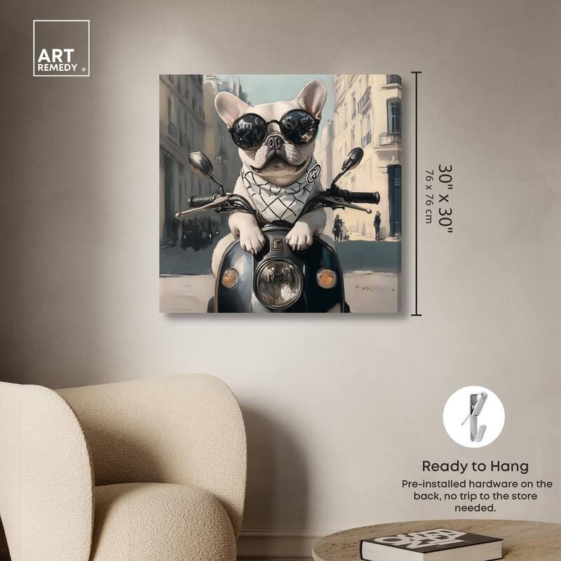 Frenchie on a Scooter Drive Canvas by Art Remedy, Gallery Wrapped