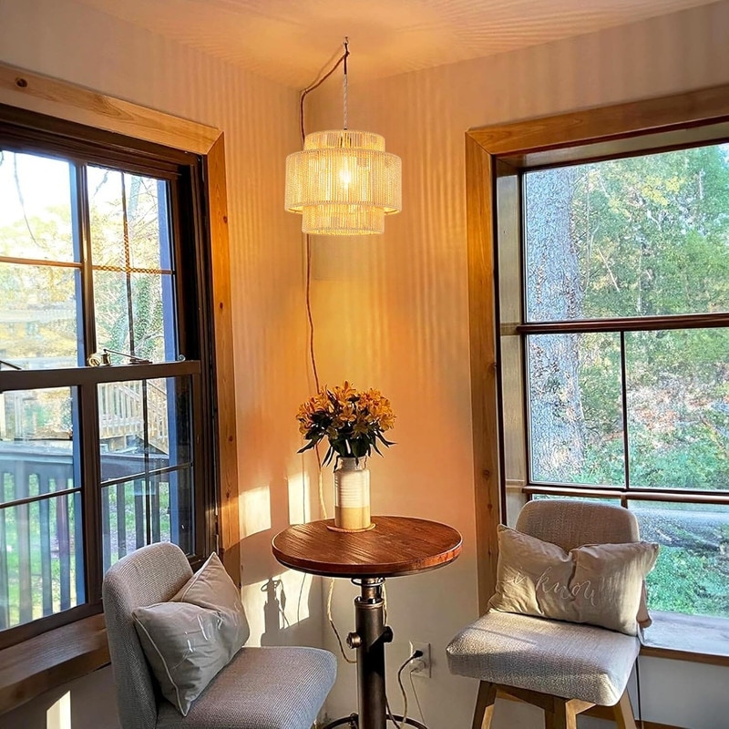 Boho Rattan Plug-in Pendant Light With Dimmable Switch - No Installation Needed, Perfect For Living Room, Bedroom & Dining