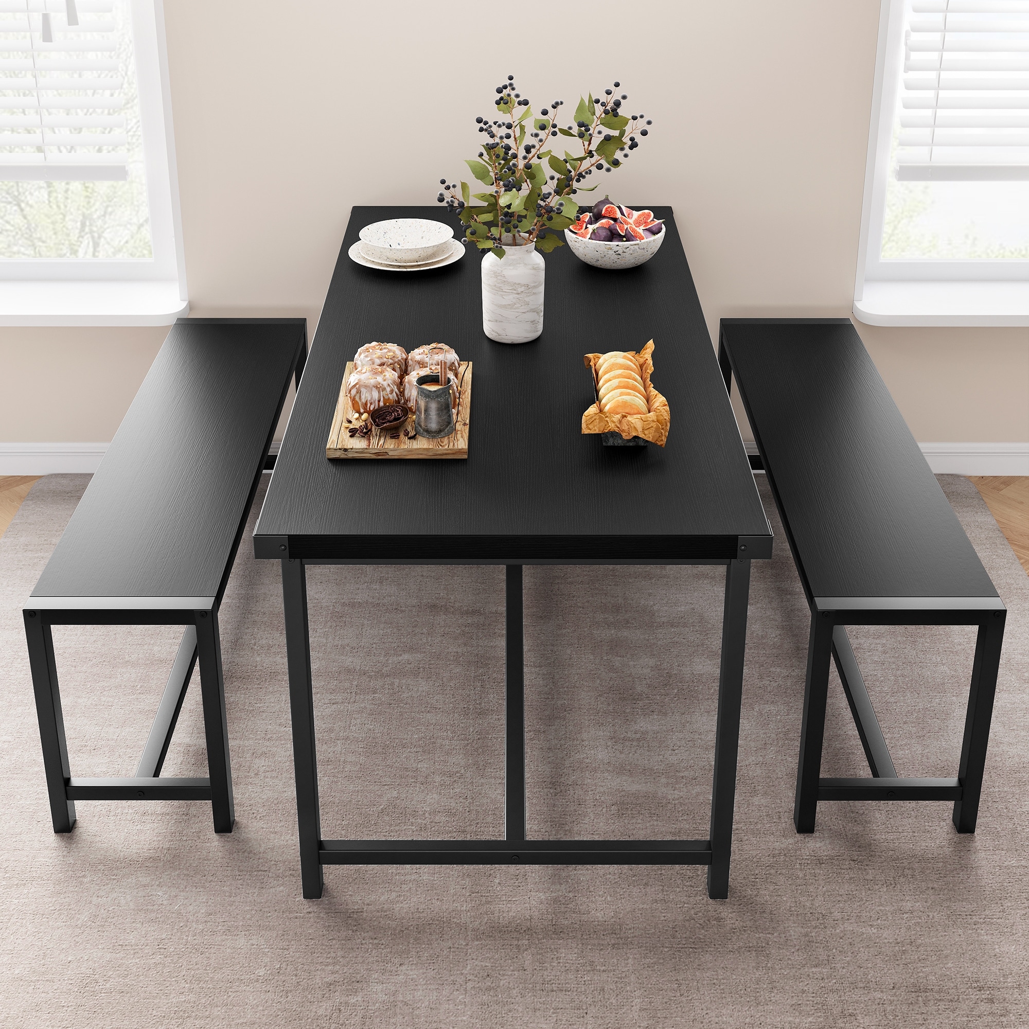 Dining table set for 4 with 2 metal wood benches, 3-piece farmhouse kitchen dining table set for Dining Room