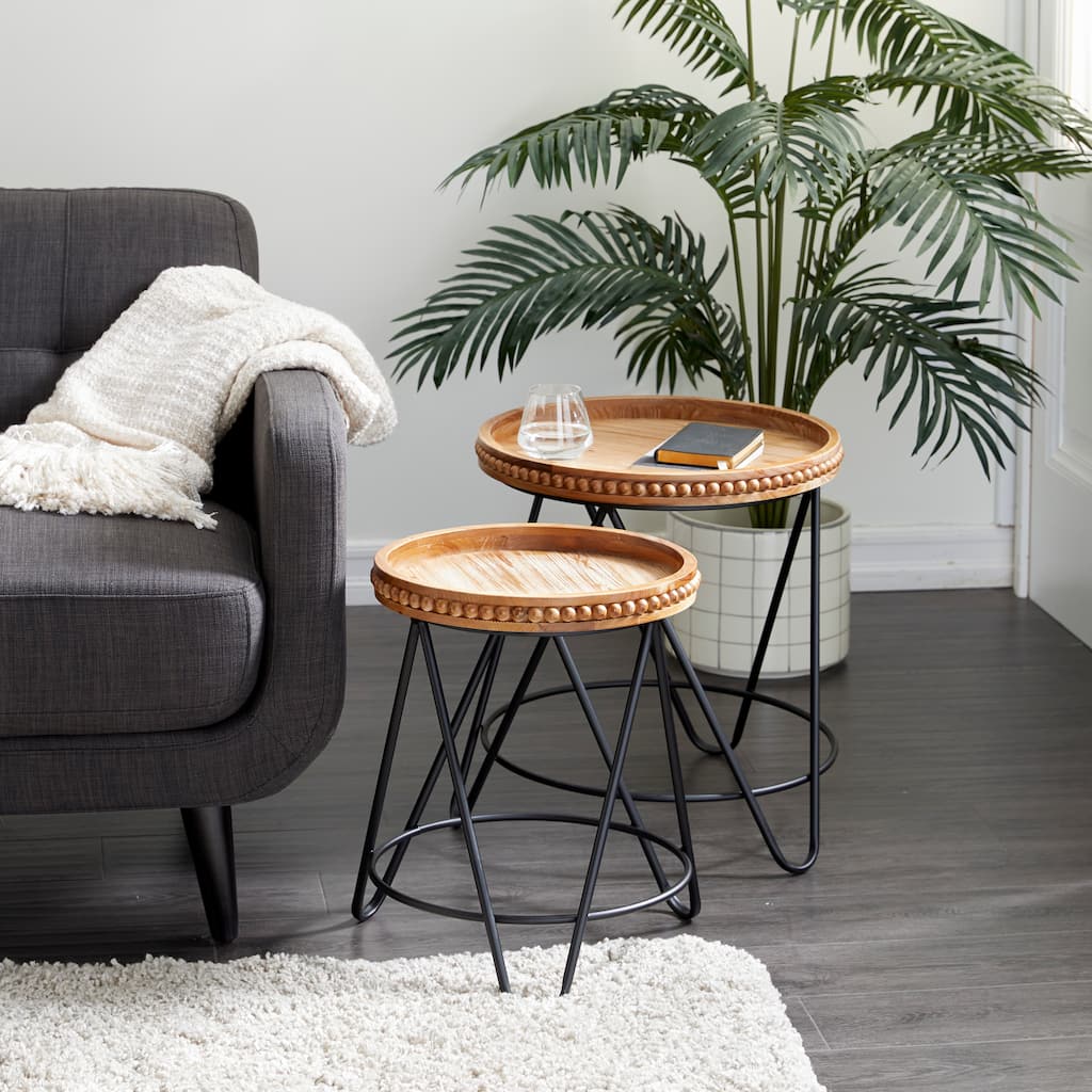 Black Metal Beaded Side End Accent Table with Brown Wood Tops (Set of 2) - 17 x 17 x 19Round