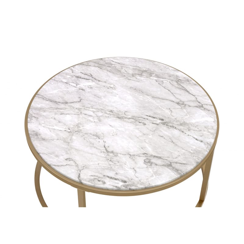 Set of 2 Round Nesting Coffee Tables Glass Faux Marble Gold Metal Frame - 36” x 36” x 16”