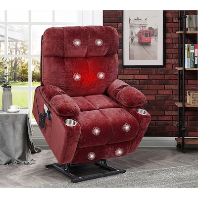 Red Dual OKIN Motor Lift Recliner for Seniors with Heat, Massage, 180° Lay Flat Capability, Adjustable Backrest & Footrest