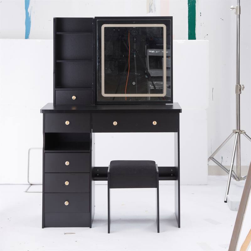 37" Large Vanity Set with LED Mirror and Storage - Black
