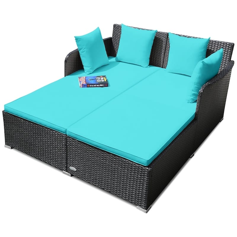 Outdoor Rattan Daybed Sunbed Patio Sofa Set with Spacious Seat - Turquoise