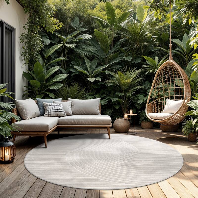 Minimalist In- & Outdoor Rug Boho with Curved Line Pattern in Silver Cream - Silver Cream - 6'7" Round