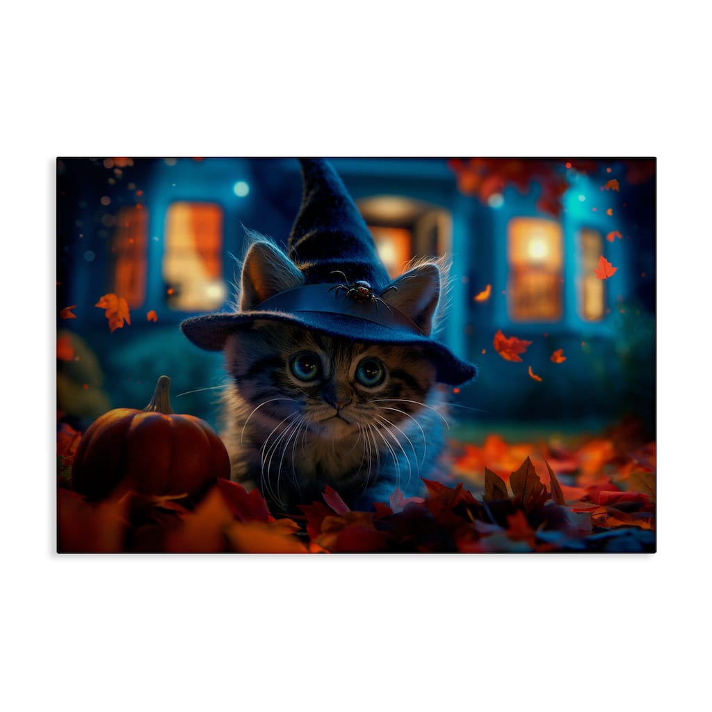Stupell Halloween Witch Kitten & Pumpkin Canvas Wall Art Design By Wumples