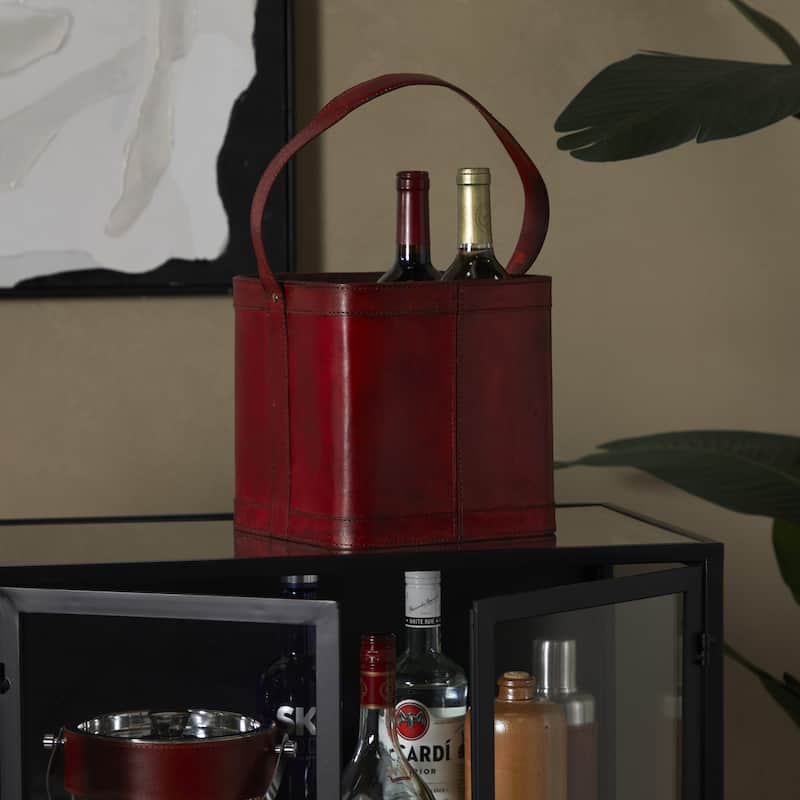 Black or Red Leather Handmade 4 Bottle Kitchen Wine Holder with Carrying Handle