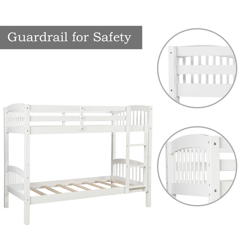 Modern White Twin Over Twin Bunk Bed with Ladder and Full-Length Guardrail, Solid Pinewood, No Box Spring Needed