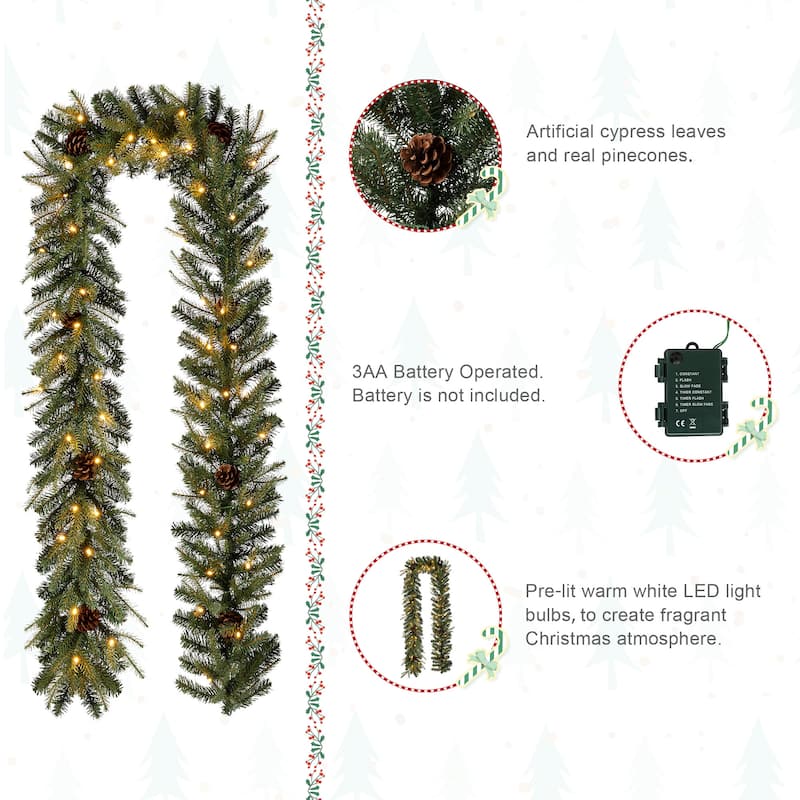 Glitzhome Pre-Lit Greenery Pine Cone Christmas Wreath with Warm White LED Light