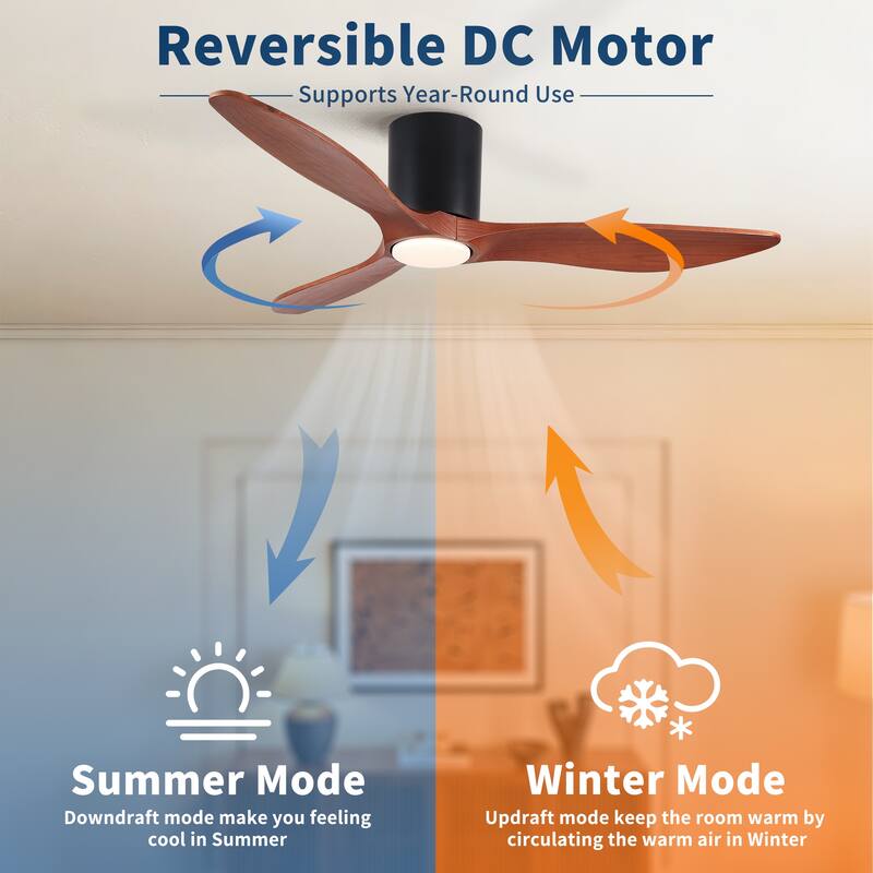52" Mordern Farmhouse Retro Solid Wood Low Profile Flush Mount Ceiling Fan with Light and Reversible Quiet Motor