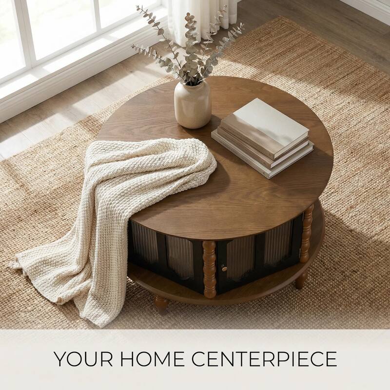 GDFStudio Theryn Real Wood Veneer Round Coffee Table with Three-Door Storage