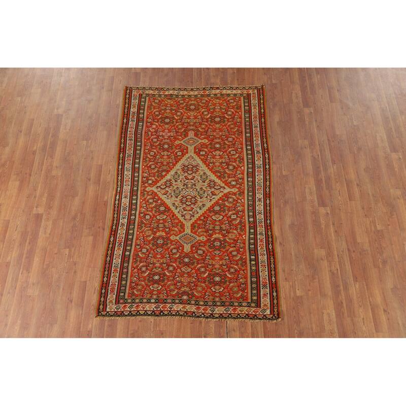 Vegetable Dye Kilim Senneh Antique Persian Rug Hand-Woven Wool Carpet - 4'2" x 6'10"