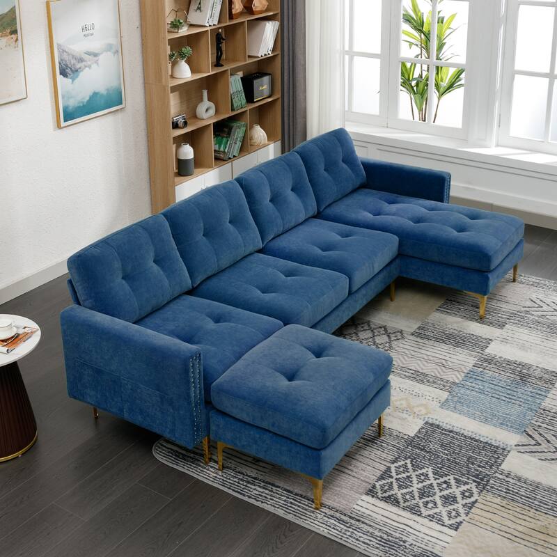 L Shaped Convertible Sectional Sofa with Ottoman, Velvet Fabric 5 Seater Sofa, Upholstered Sofa with Chaise & Storage Pockets