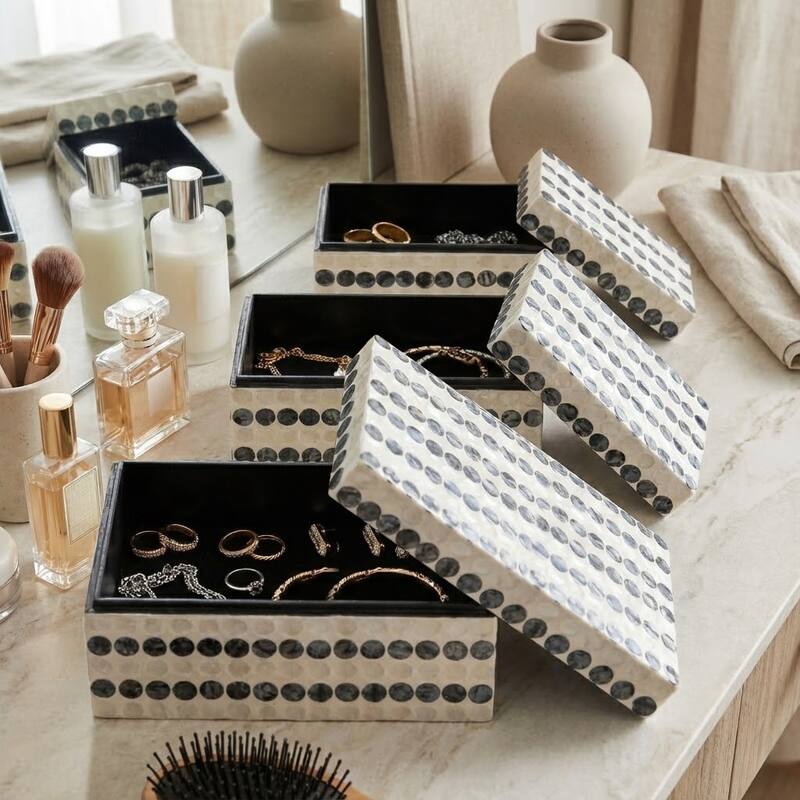 Dotted Decorative Box with Lid - Set of 3, 8", 11", 12", Ivory & Blue - 12.0"