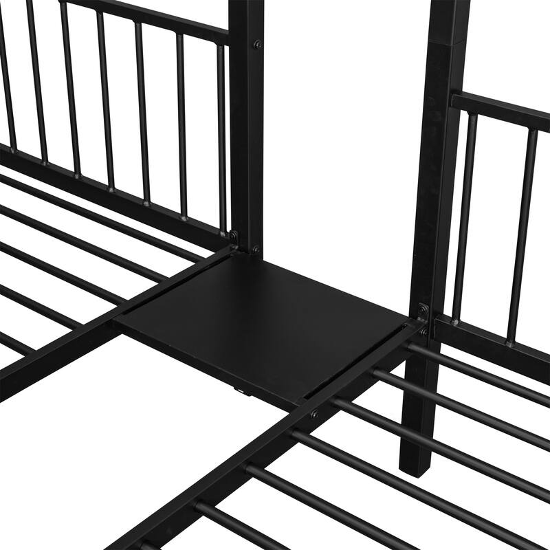 Full Over Twin & Twin Triple Bunk Bed with Drawers and Middle Table, Convertible Metal Bunk Bed Frame with Ladder and Guardrails