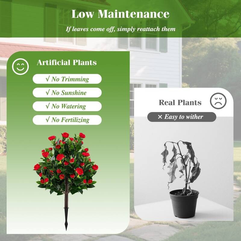 Gymax 2 Pack 31'' Artificial Camellia Tree Set w/Ground Spikes Floral