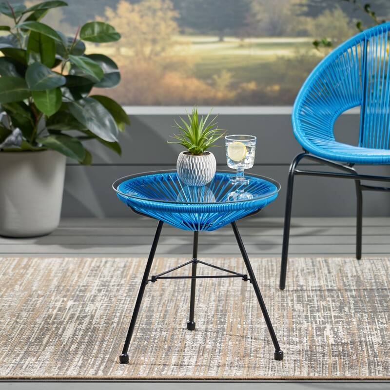 Modern Outdoor Rattan Side Table with Tempered Glass