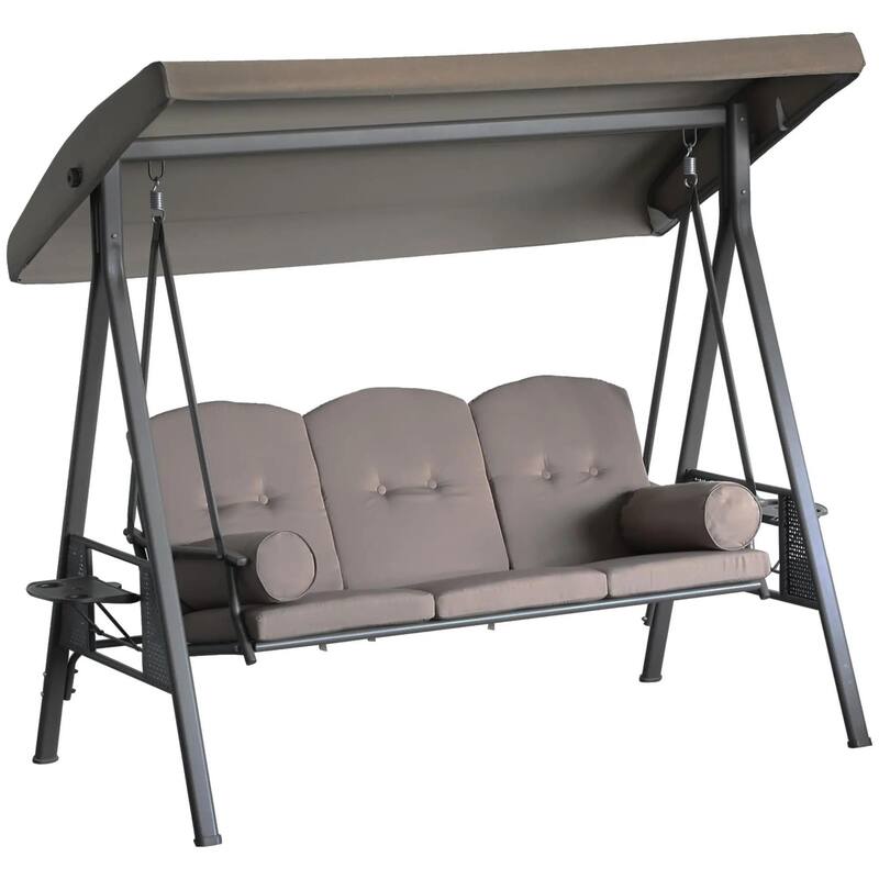 3-Seat Patio Swing Chair, Adjustable Canopy, Side Trays, Comfort Set