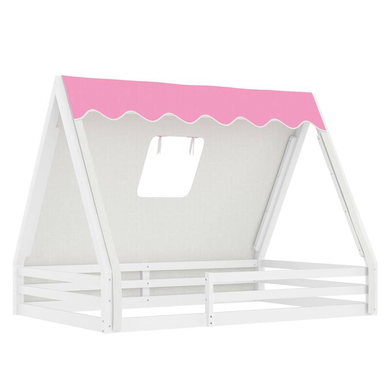 House Floor Bed with Tent and Light Montessori Kids Wood Bed Frame