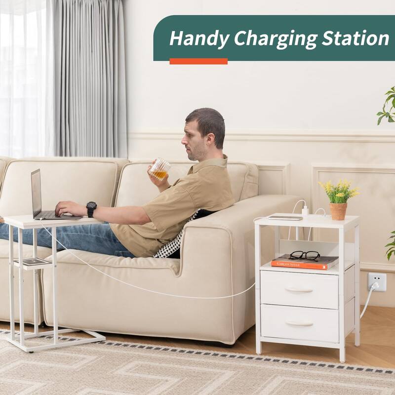 Nightstand with Charging Station, Small Night Stand with Fabric Drawers,Small Spaces Bedside Table with USB Ports & Outlets