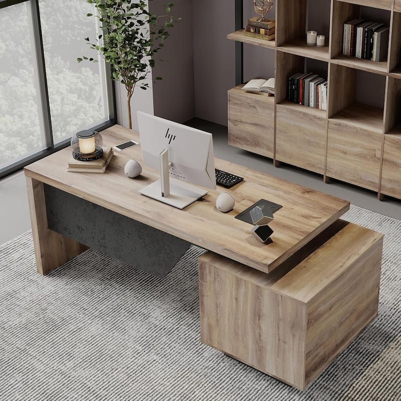 WESOME Modern Width Adjustable Executive Desk with Storage Cabinet for Home Officec