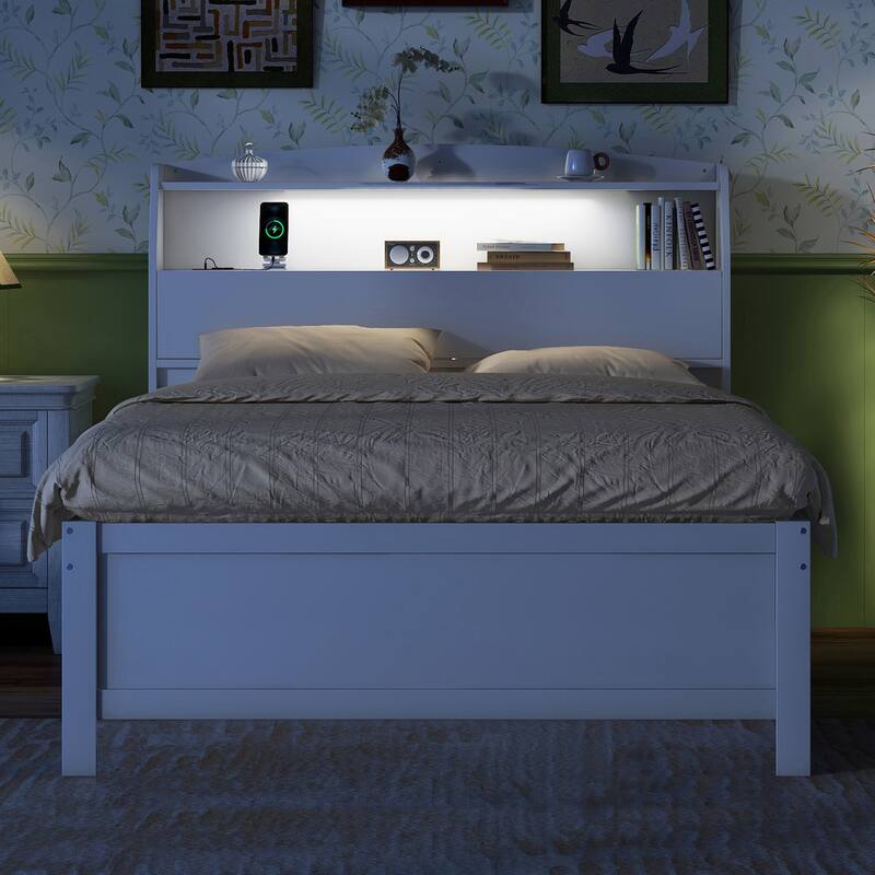 Wooden Platform Bed with Pull Out Trundle Bed and Drawers, All-in-One LED Headboard with Charging Station and Flip Up Storage