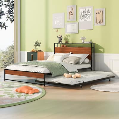Metal Full Size Platform Bed Frame with Trundle, USB Ports