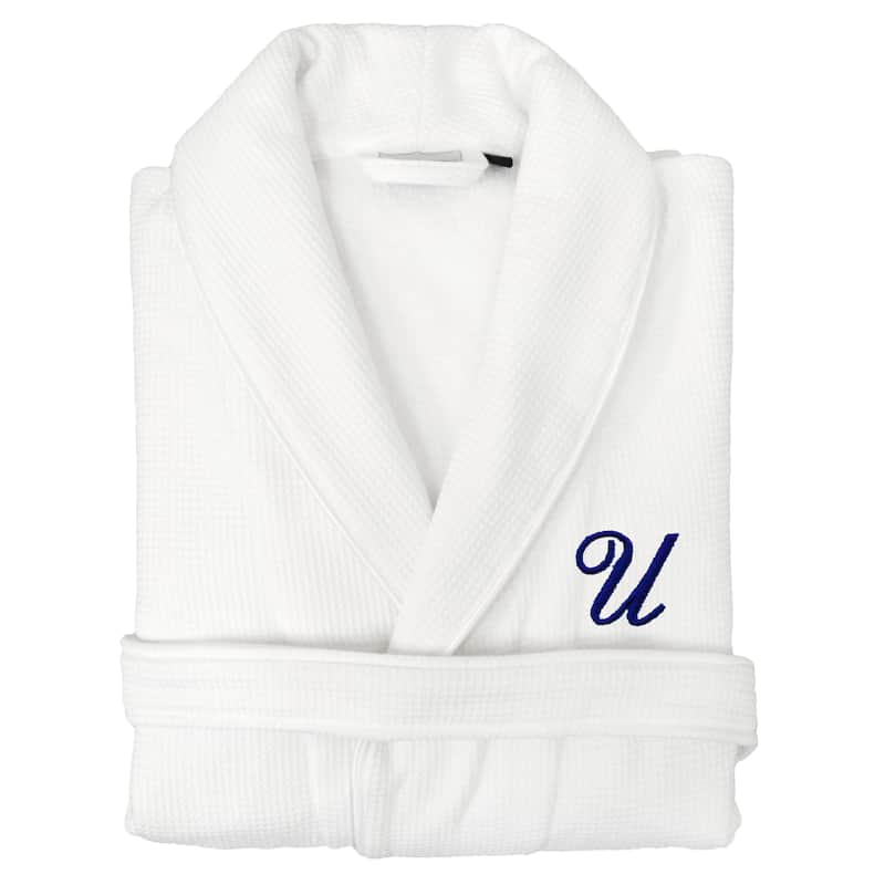 Authentic Hotel and Spa Unisex Navy Blue Monogrammed Turkish Cotton Waffle Weave Terry Bath Robe - U - S/M