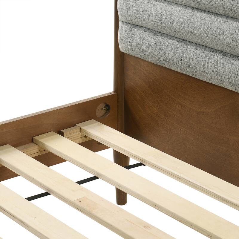 Artemio Black or Walnut Wood Queen Platform Bed Frame with Grey Upholstered Headboard