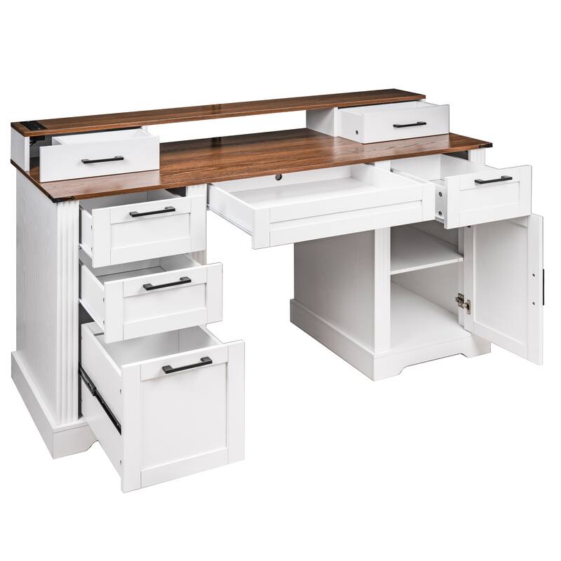 59" Executive Desk with Drawers, Farmhouse Home Office Desk Wood Computer Desk with Charging Station, Keyboard Tray