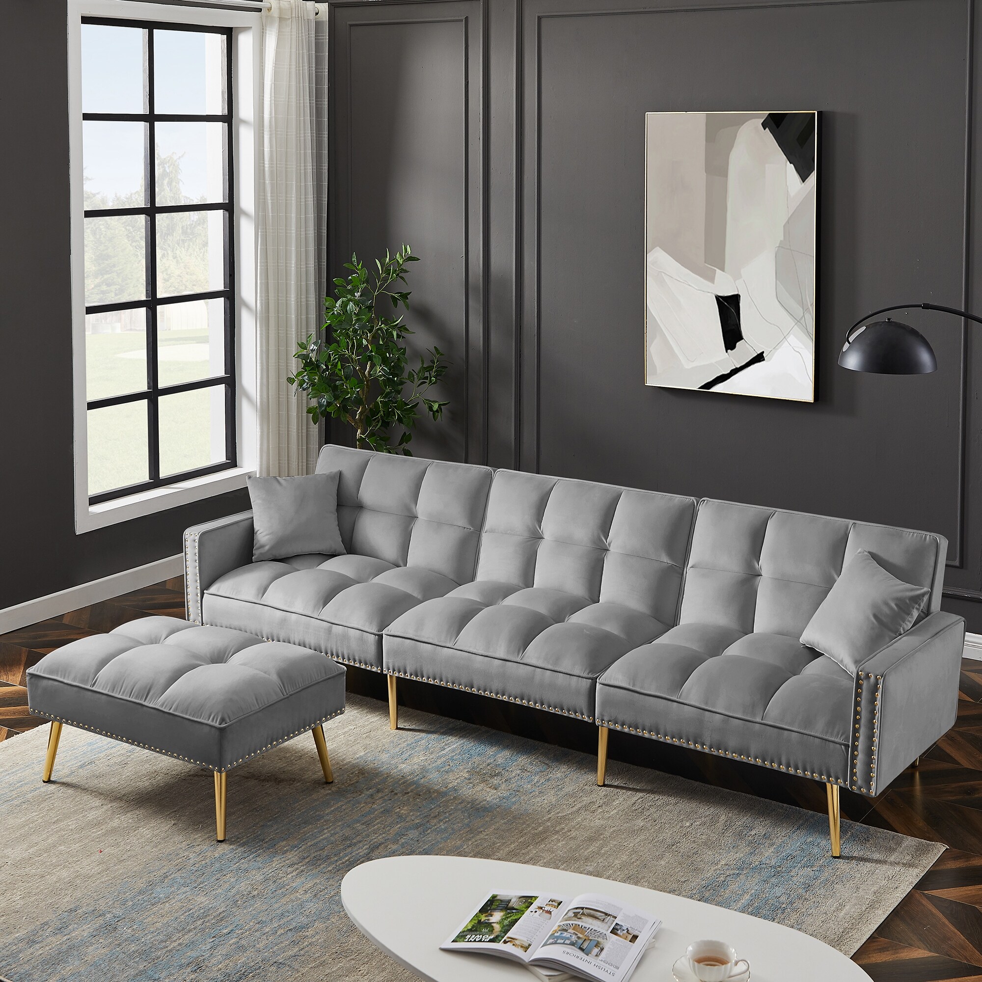 Tufted grey reversible sectional new arrivals with nailhead trim