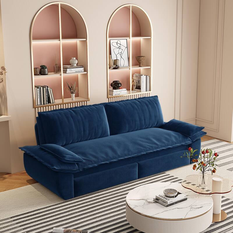 73.2" Queen Pull Out Sofa Bed, 3-in-1 Convertible Sleeper Sofa, Multi-Functional Velvet Loveseat Bed - Blue