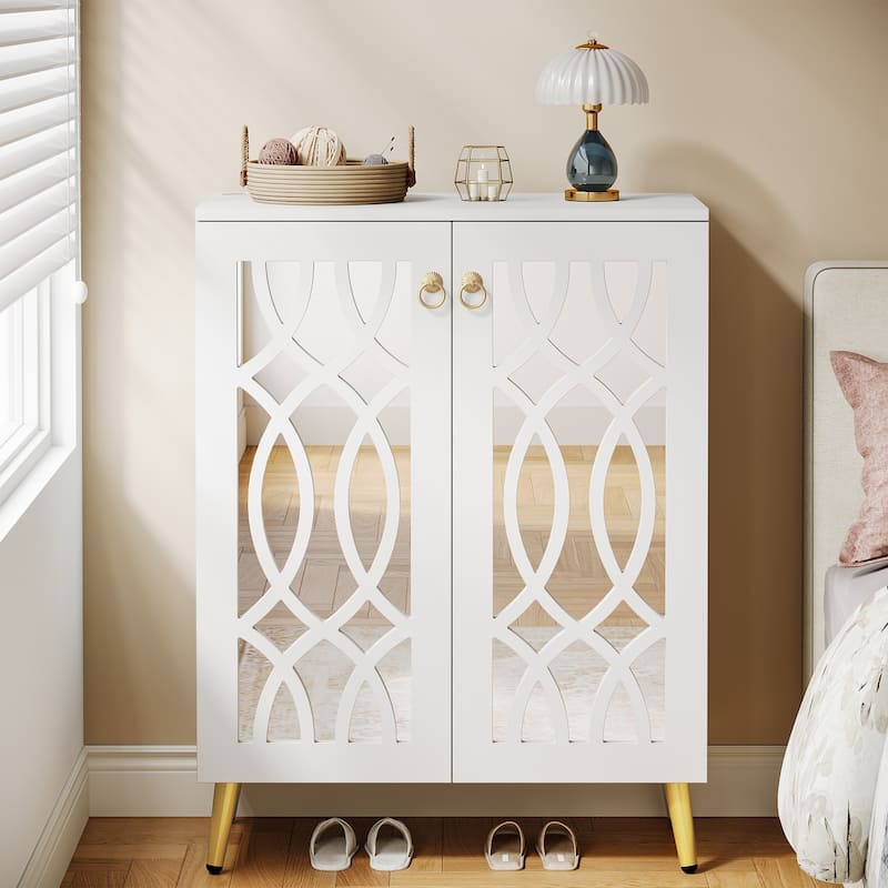 5-Tier Mirrored Shoe Cabinet with Door, 25-Pair Modern Shoe Storage Organizer - White