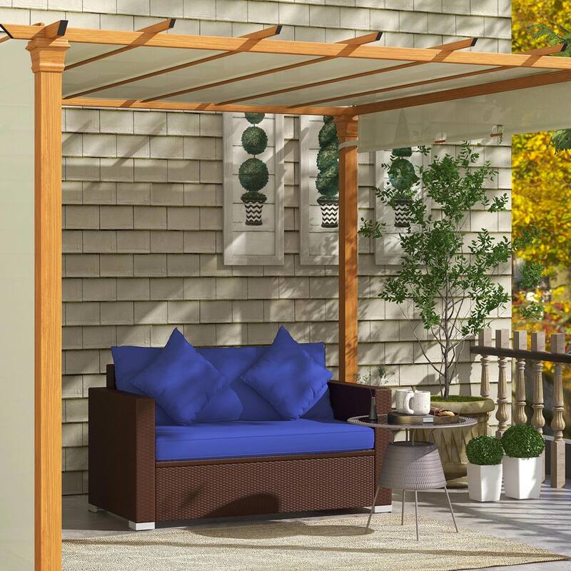 PE Rattan Outdoor Loveseat with Cushions and 2 Throw Pillows - Blue