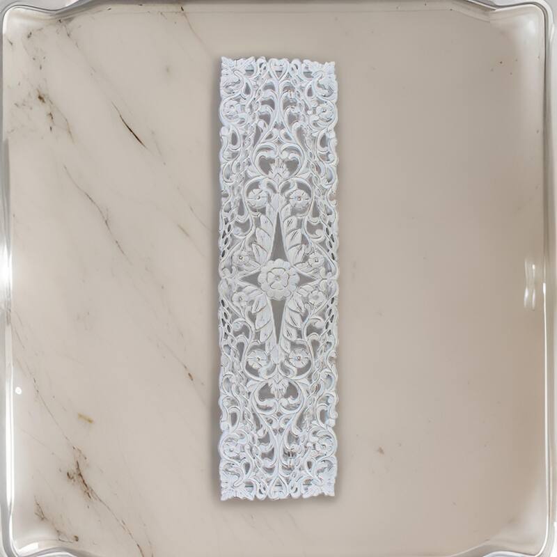60 Inch Tall Decorative Panel, Carved Floral Vine Design, Mango Wood, White
