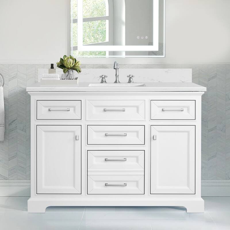 AstralLight 48 in. Single Sink Freestanding White Bath Vanity with White Engineered Marble Top