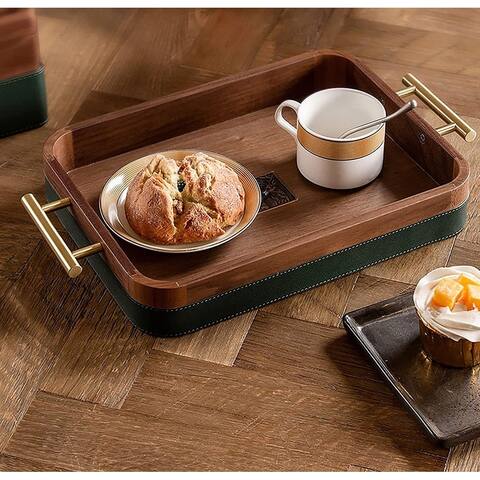 Solid Wood Serving Tray with Leather and Handles for Eating