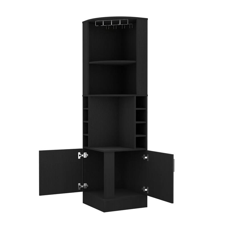 FM Furniture The Seattle Corner Bar Cabinet with 3 Open Shelves, Glass Rack, 8 Bottle Cubbies, and Double Doors